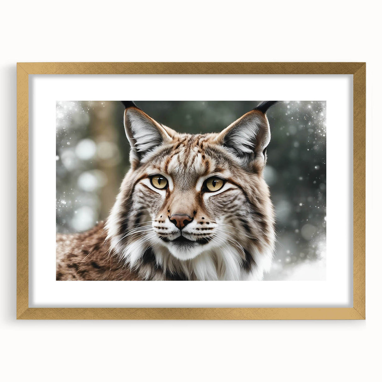 Lynx wall art design featuring a striking gold frame and mat, showcasing a wild animal theme perfect for home decor. Ideal for nature lovers and art enthusiasts.
