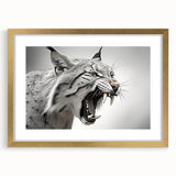 Lynx wall art design framed in elegant gold, showcasing intricate wildlife details and a vibrant color palette, perfect for nature enthusiasts' decor.