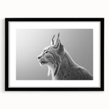 Lynx wall art design framed in black, showcasing a majestic wild lynx against a natural backdrop, perfect for nature lovers and home decor enthusiasts.