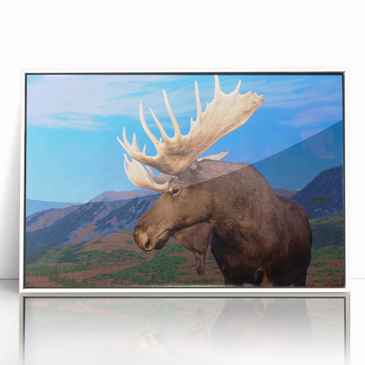 Framed wall art featuring a detailed moose and elk design, showcasing rich colors and intricate textures, ideal for nature lovers and home decor enthusiasts.