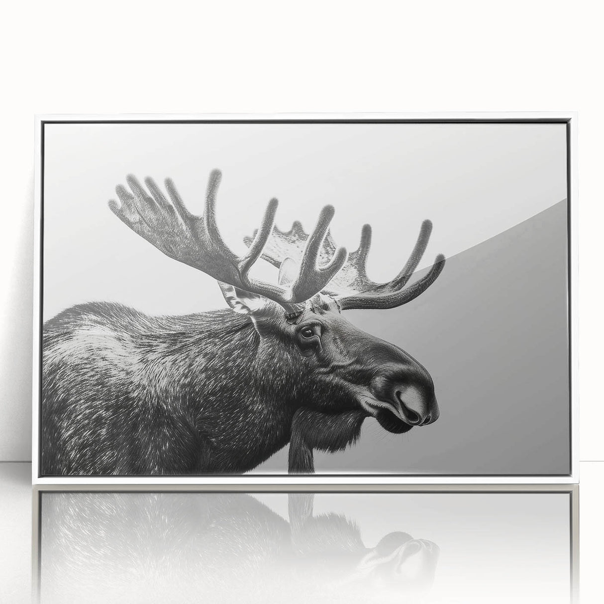 Framed wall art featuring a moose and elk design in a natural setting, showcasing intricate details and vibrant colors, perfect for wildlife enthusiasts' decor.