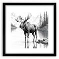 Framed wall art showcasing a moose and elk design, featuring a black frame and mat. Ideal for nature enthusiasts, this collection adds rustic charm to any decor.