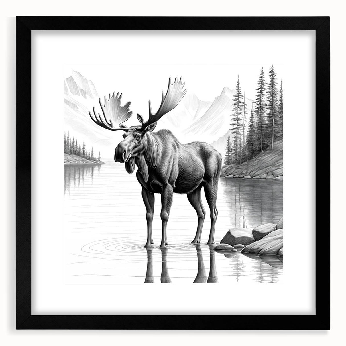 Framed wall art showcasing a moose and elk design, featuring a black frame and mat. Ideal for nature enthusiasts, this collection adds rustic charm to any decor.