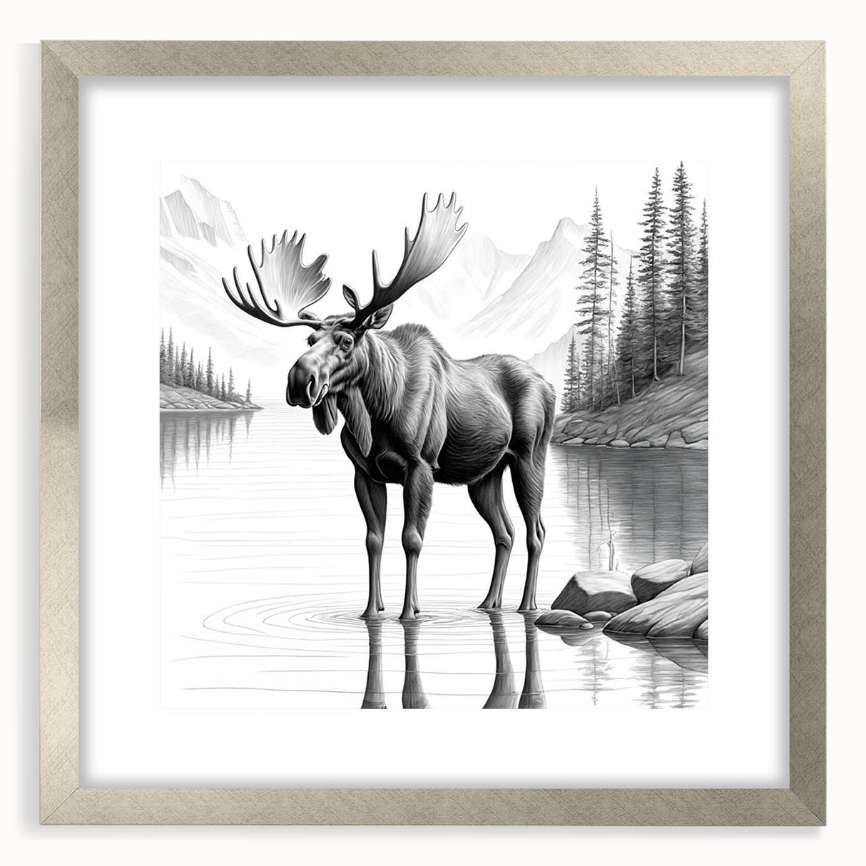 Moose and elk wall art design framed in silver, showcasing intricate wildlife details, perfect for nature-themed decor in living spaces.