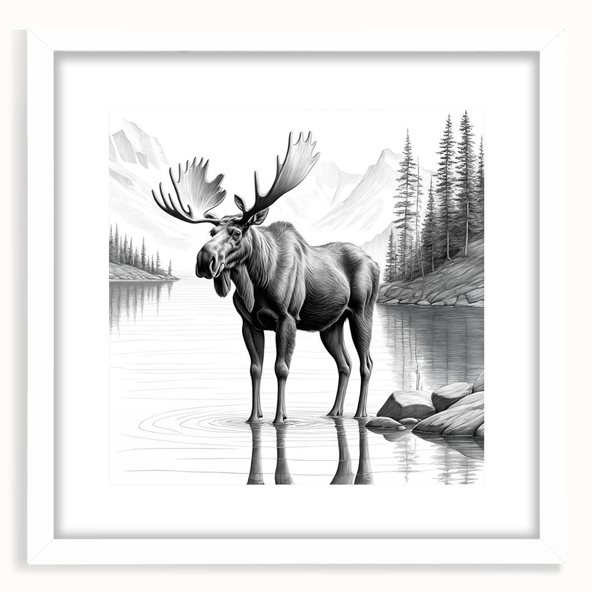 Moose and elk design wall art collection framed in white with a mat, showcasing a nature-inspired aesthetic perfect for home decor enthusiasts.