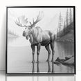 Framed wall art design showcasing a moose and elk in a natural setting, featuring a sleek black frame and acrylic front, ideal for wildlife enthusiasts and home decoration.