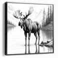 Framed wall art featuring a striking moose and elk design, set against a black background, showcasing intricate details and vibrant colors, perfect for nature enthusiasts.