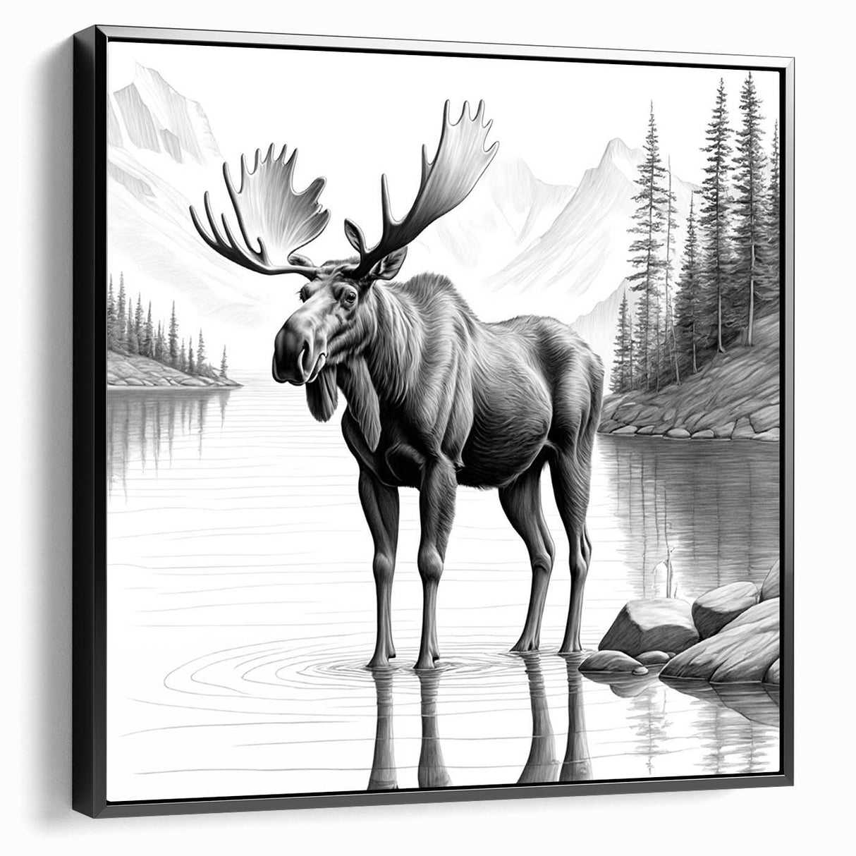 Framed wall art featuring a striking moose and elk design, set against a black background, showcasing intricate details and vibrant colors, perfect for nature enthusiasts.