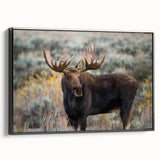 Framed wall art featuring a moose and elk design, showcasing intricate details and natural colors on a black background, perfect for nature enthusiasts and home decor.