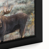 Close-up of a framed wall art piece featuring a moose and elk design, showcasing intricate details and vibrant colors, perfect for wildlife enthusiasts' home decor.