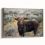 Framed wall art featuring a moose and elk design, showcasing intricate wildlife details against a gold backdrop. Perfect for nature enthusiasts and home decor.