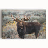 Moose and elk wall art design printed on stretched canvas, showcasing detailed wildlife illustration with natural colors, perfect for nature-themed decor.