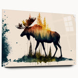 Side view of a moose and elk design wall art collection, displayed in acrylic glass with pins, showcasing vibrant colors and intricate details, perfect for wildlife enthusiasts.
