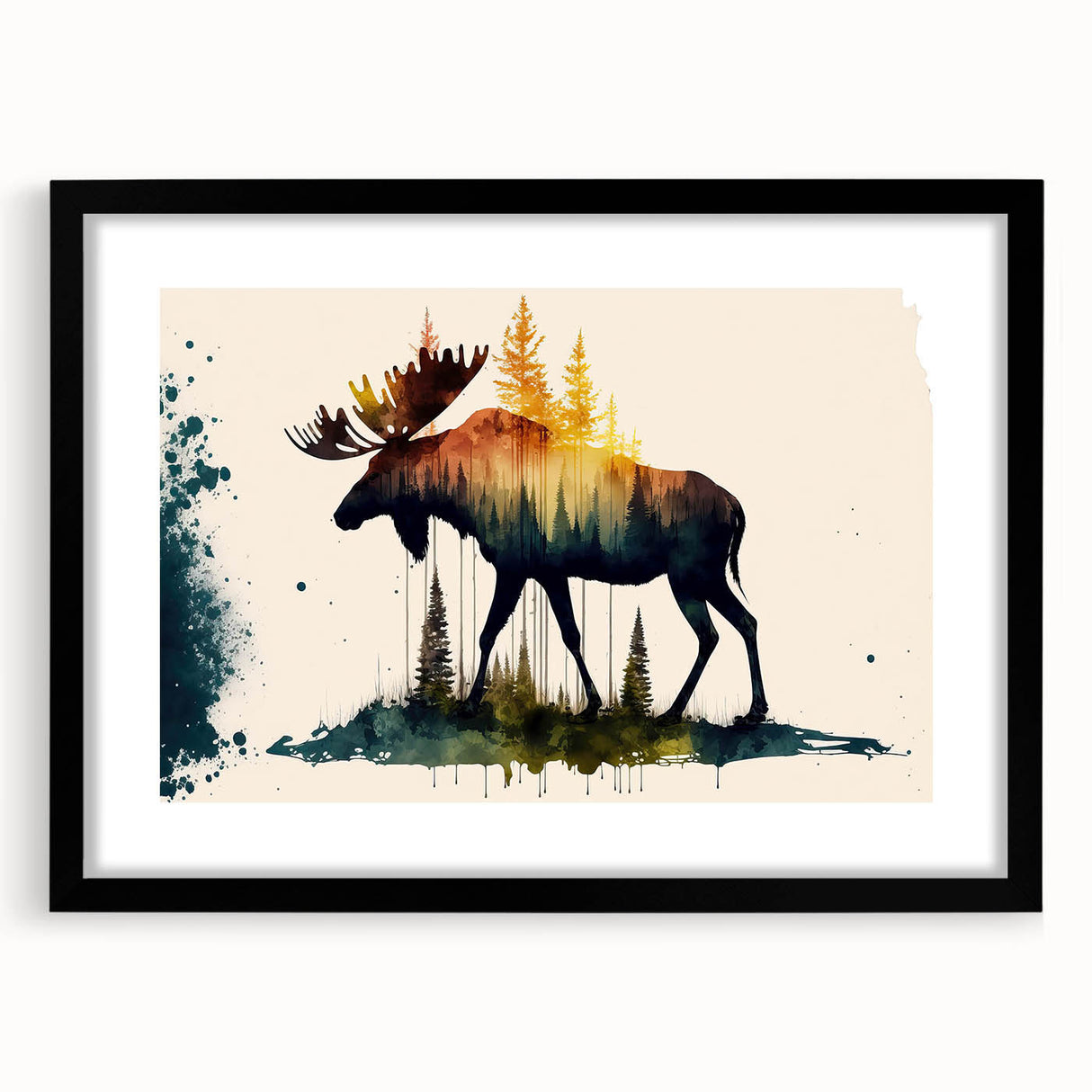 Framed wall art collection showcasing a moose and elk design in a black frame with matting, ideal for nature-themed decor and wildlife enthusiasts.