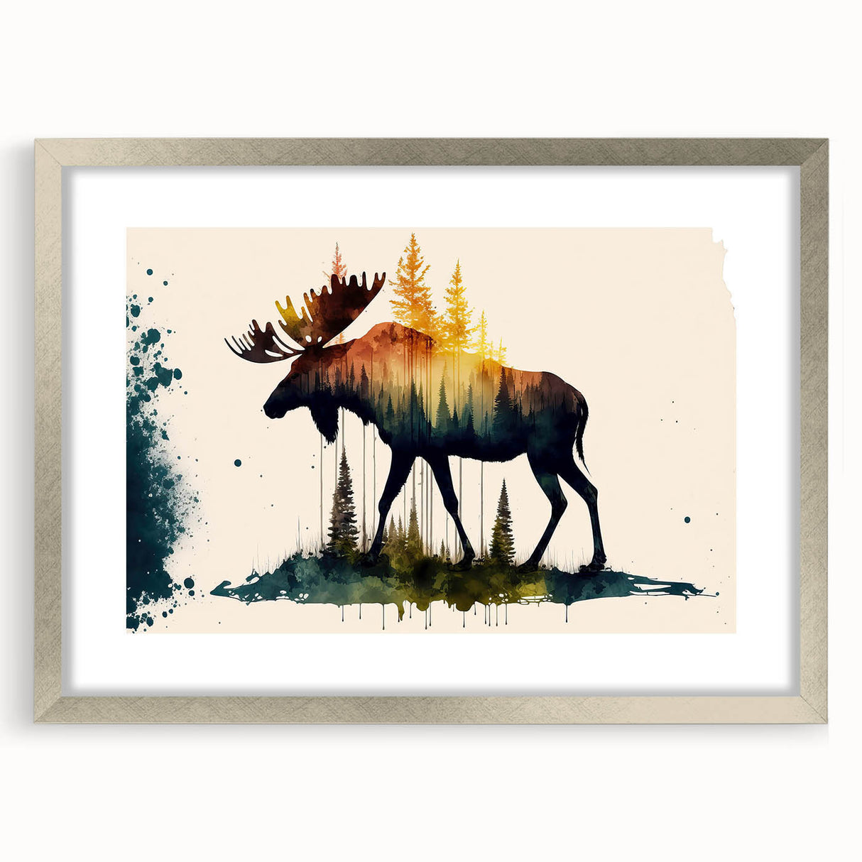 Silver-framed wall art featuring a moose and elk design, elegantly matted, showcasing intricate wildlife details against a neutral backdrop, perfect for nature enthusiasts.