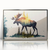 Framed wall art featuring a moose and elk design in a silver-acrylic finish, showcasing intricate wildlife details and vibrant colors, ideal for nature enthusiasts.