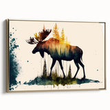 Framed wall art featuring a side view design of a majestic moose and elk in a natural setting, showcasing intricate details and warm gold accents, perfect for wildlife enthusiasts.