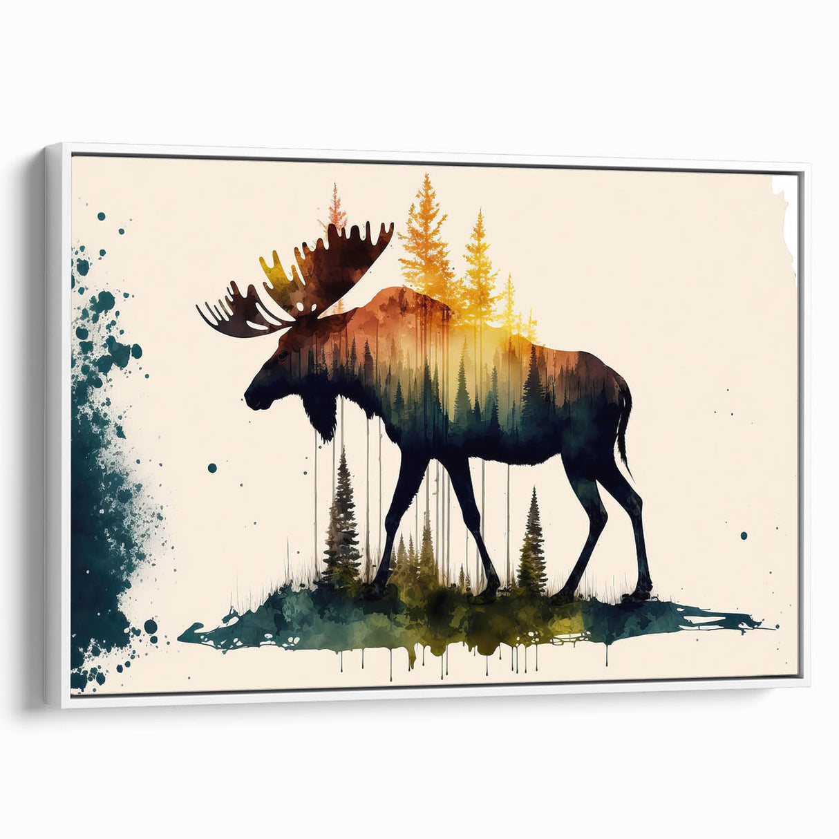 Framed wall art featuring a moose and elk design in a natural setting, showcasing intricate details and vivid colors on a white backdrop, perfect for wildlife enthusiasts.