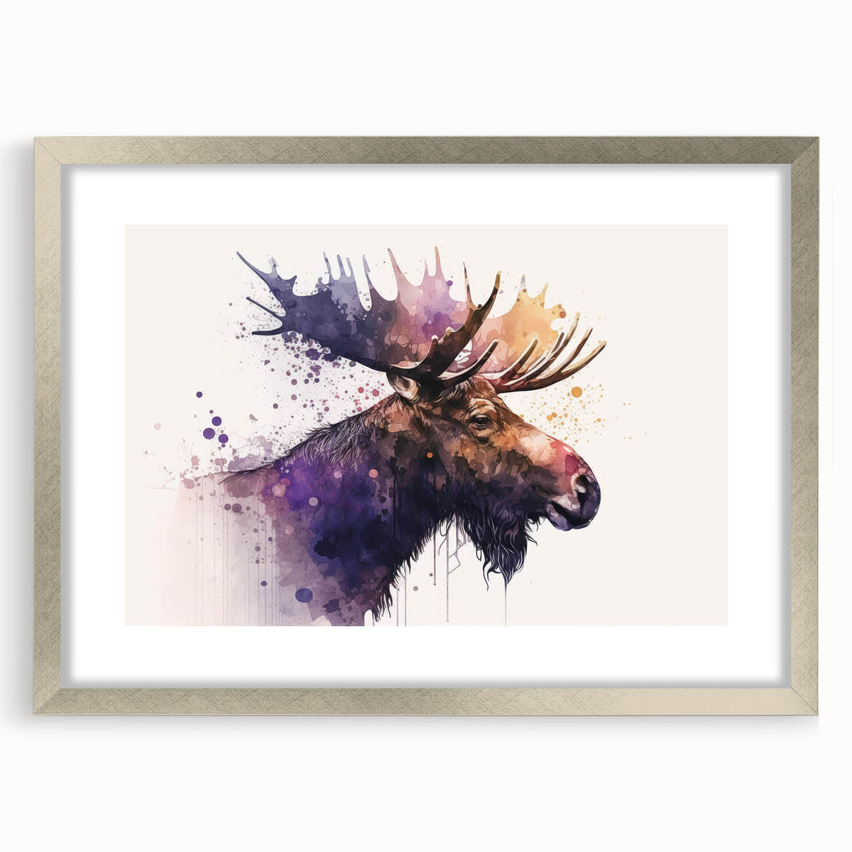 Framed wall art featuring a moose and elk design, showcasing intricate wildlife details in a silver frame with matting, perfect for nature enthusiasts' decor.