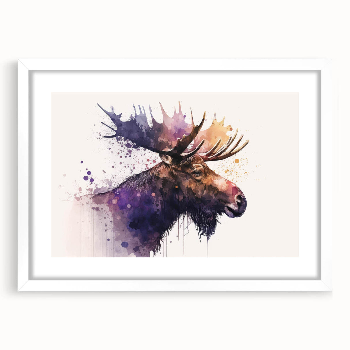 Framed wall art featuring a moose and elk design in a natural setting, with a white mat and frame, ideal for wildlife enthusiasts and home decor.