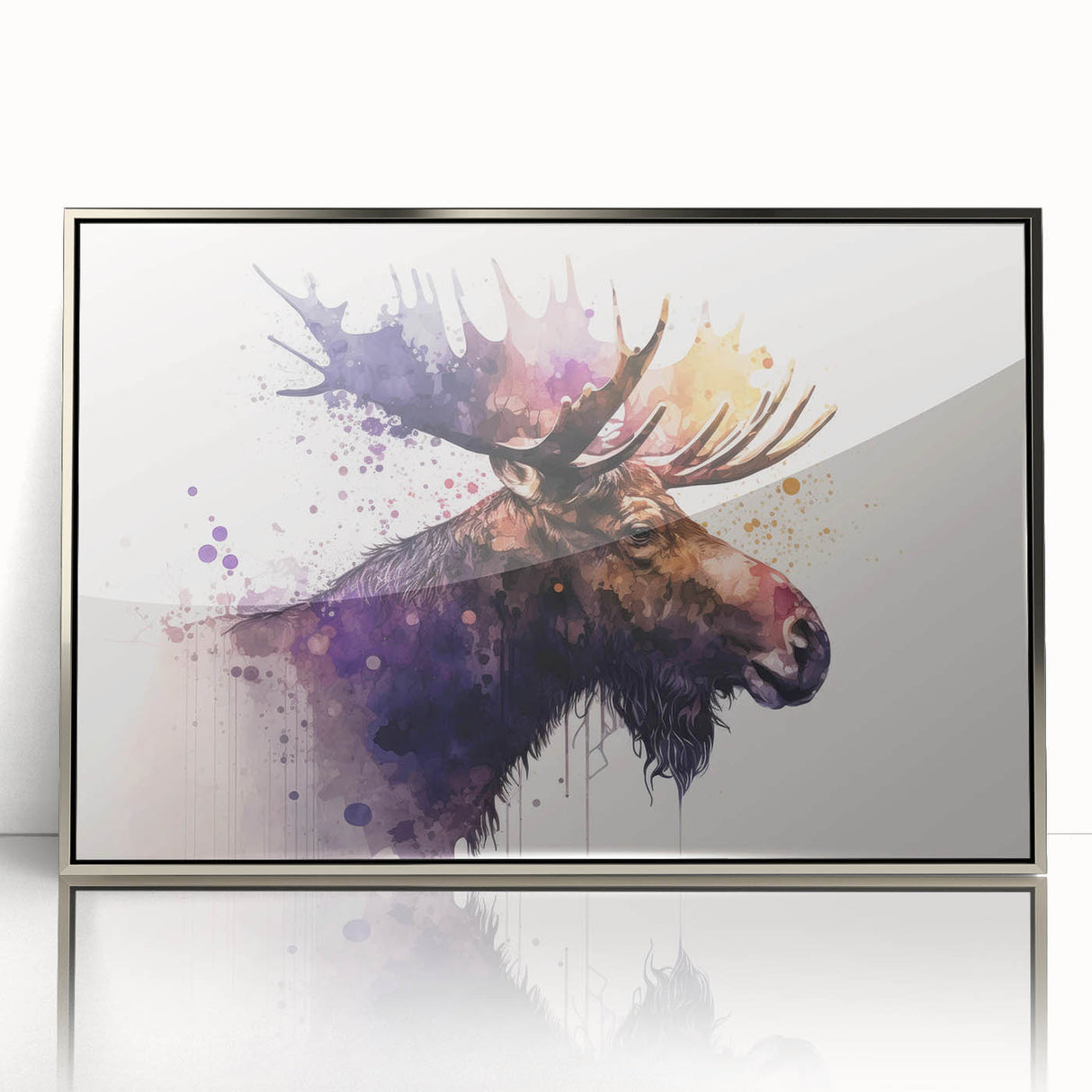 Framed wall art featuring a serene moose and elk design in a silver-acrylic finish, showcasing wildlife in a tranquil forest setting, perfect for nature lovers.