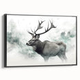 Framed canvas wall art featuring a moose and elk design in a black frame, showcasing intricate wildlife details and vibrant colors, ideal for nature enthusiasts.
