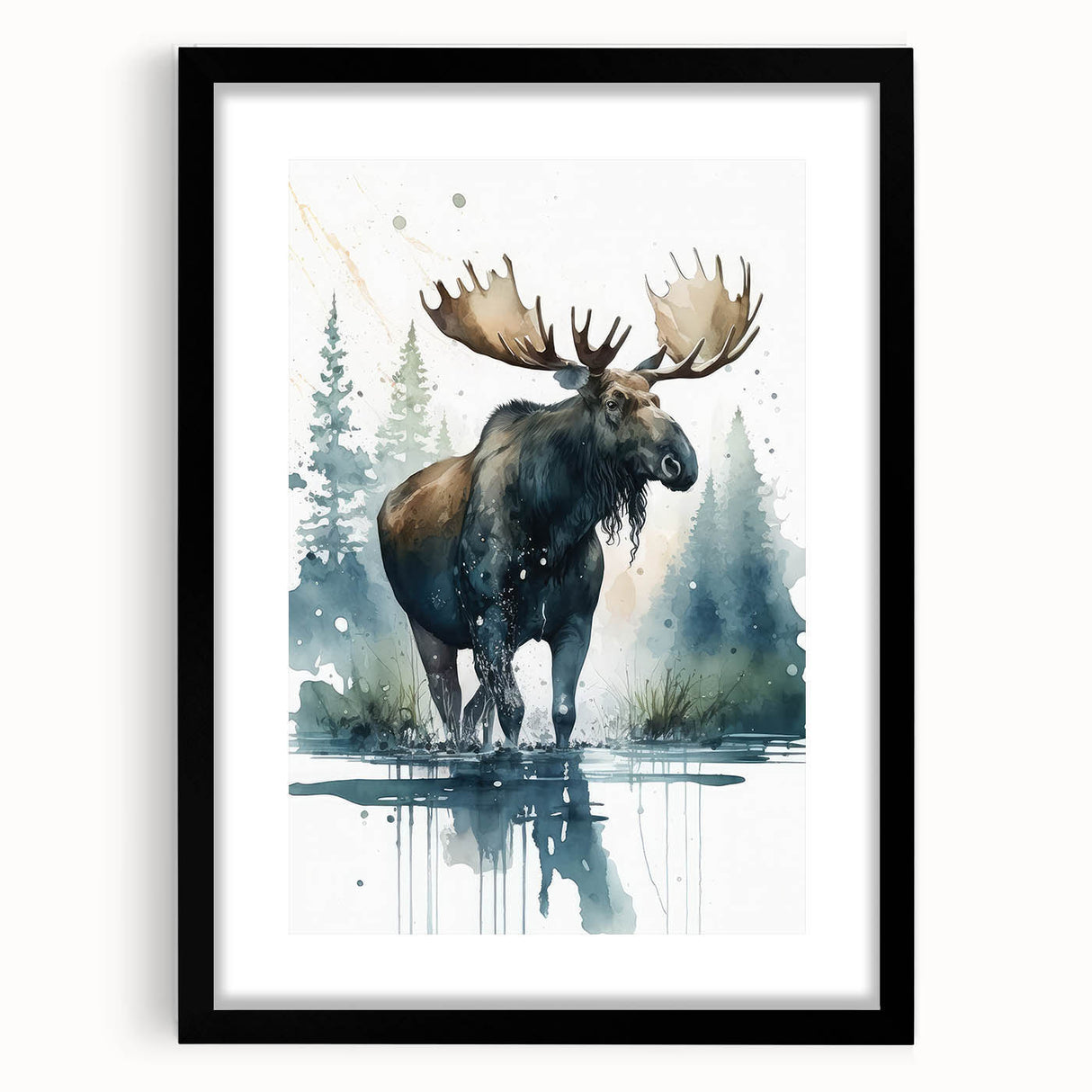 Moose and elk wall art collection framed in black with a mat, showcasing intricate wildlife design, perfect for nature-themed décor in any room.