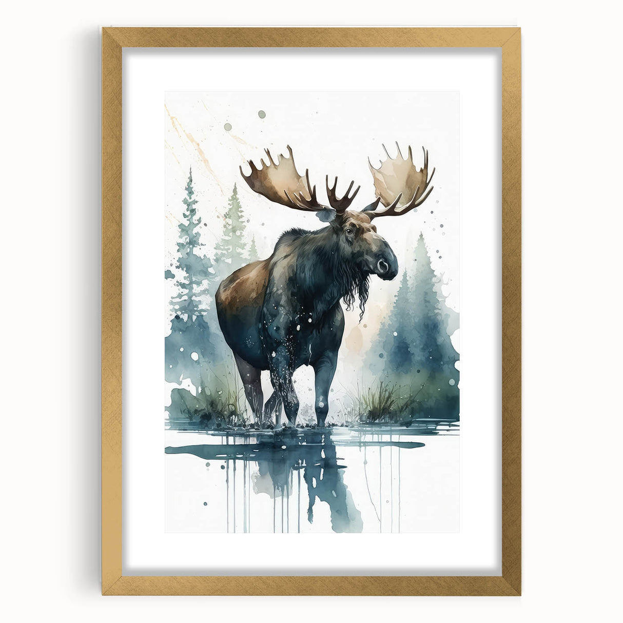 Elegant framed wall art collection featuring a moose and elk design, showcased with a gold frame and white mat, perfect for wildlife enthusiasts and home decor.