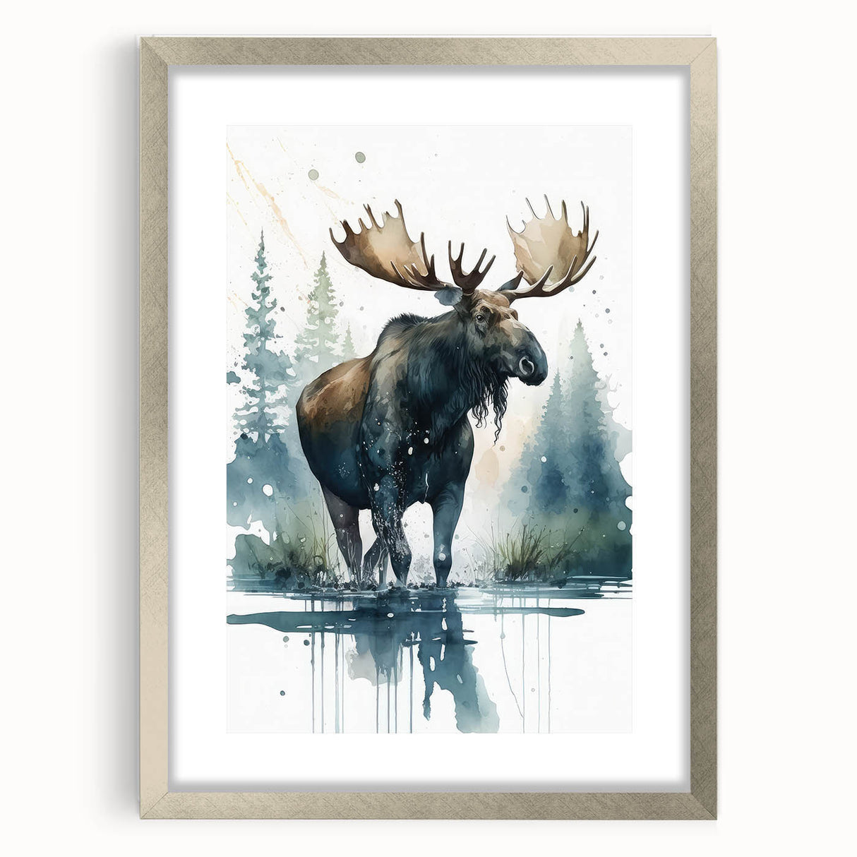Framed wall art showcasing a stunning moose and elk design, highlighting intricate details and natural colors, set in a sleek silver frame with a mat. Perfect for wildlife enthusiasts.