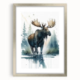 Framed wall art showcasing a stunning moose and elk design, highlighting intricate details and natural colors, set in a sleek silver frame with a mat. Perfect for wildlife enthusiasts.