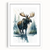 Framed wall art featuring a moose and elk design, set against a white background, showcasing intricate details and natural colors, perfect for wildlife decor enthusiasts.
