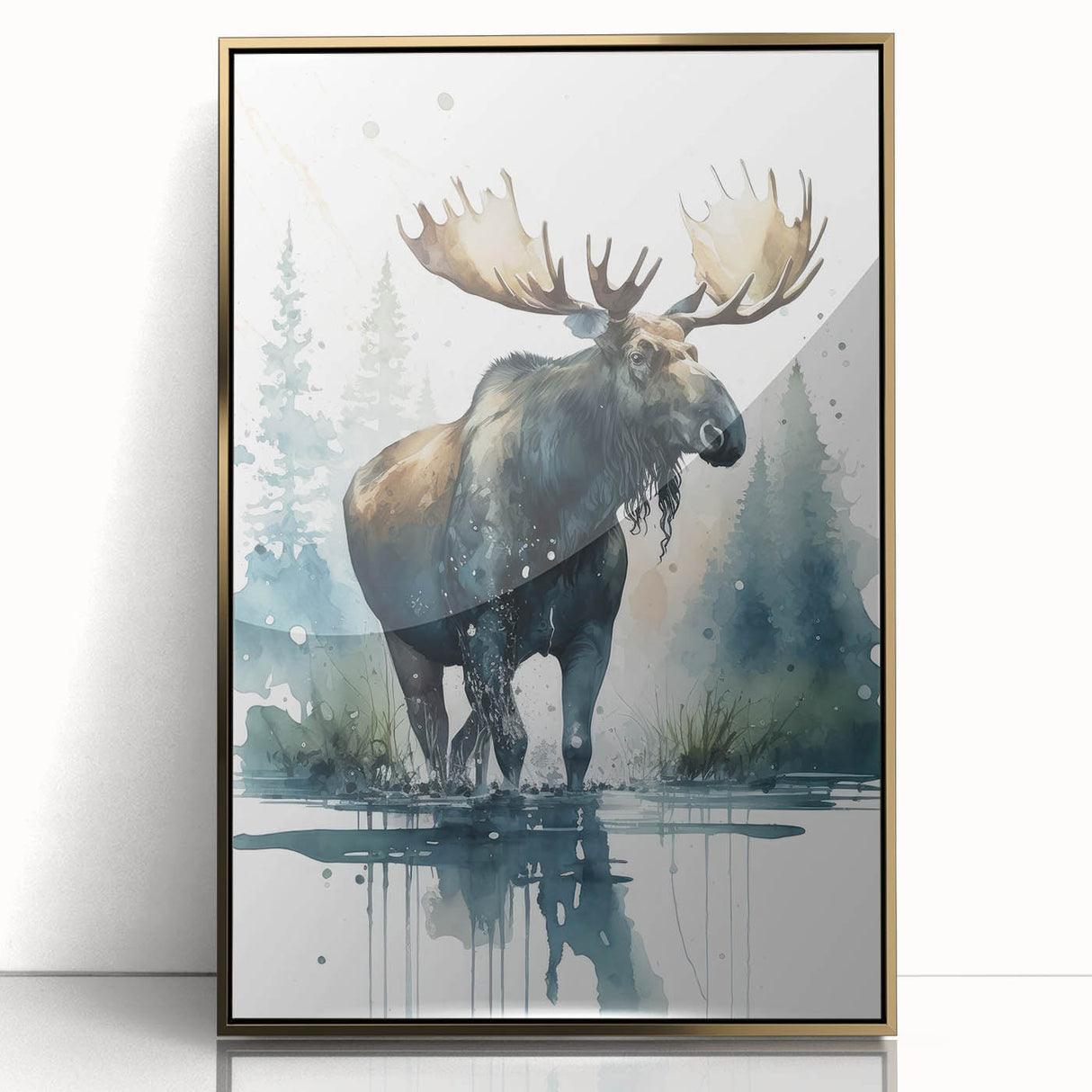 Framed wall art featuring a striking moose and elk design, showcasing intricate details and vibrant colors, set against a gold-accented background for a modern décor touch.