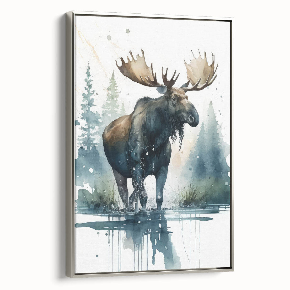 Framed canvas wall art featuring a moose and elk design in a silver frame, showcasing intricate wildlife details and vibrant colors, ideal for nature-themed decor.