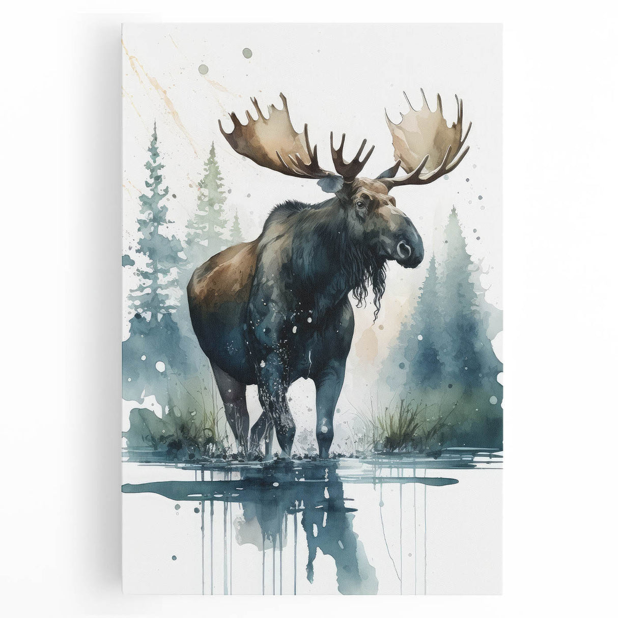 Moose and elk design on stretched canvas wall art, showcasing detailed wildlife imagery in natural colors, ideal for nature-themed decor.