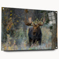 Side view of a contemporary acrylic wall art piece showcasing a moose and elk design, displayed with decorative pins, perfect for wildlife enthusiasts and home decor.