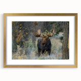 Framed wall art featuring a moose and elk design in a gold frame with a mat, showcasing wildlife themes perfect for nature enthusiasts' decor.