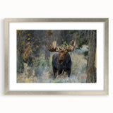 Framed wall art collection featuring a moose and elk design in a silver frame with matting, showcasing intricate wildlife illustrations ideal for nature enthusiasts.