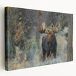 Stretched canvas wall art featuring a detailed side view of a moose and elk in a forest setting, showcasing earthy tones of brown and green, perfect for wildlife enthusiasts.