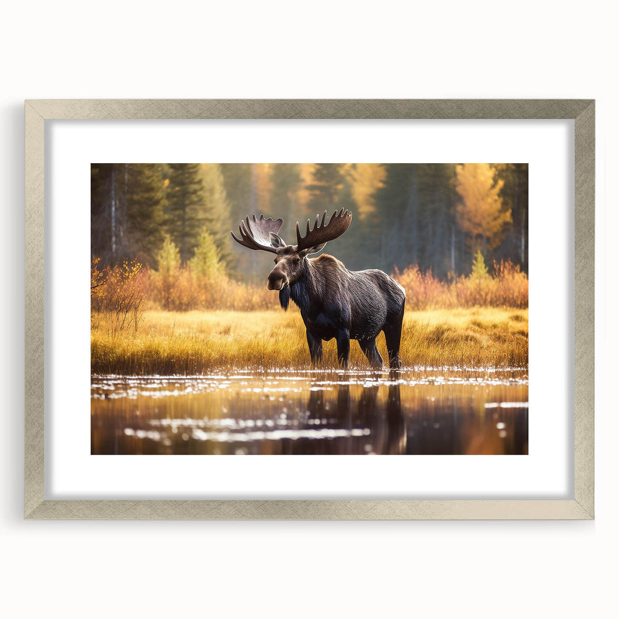 Framed wall art collection showcasing a moose and elk design, featuring a silver frame and mat, perfect for nature-themed decor in living spaces.