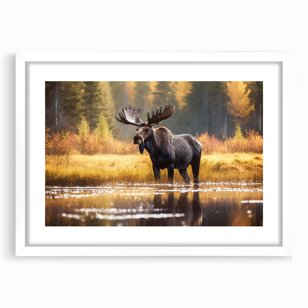 Front view of a framed wall art collection featuring moose and elk designs, set against a white mat, perfect for nature-themed decor in living spaces.