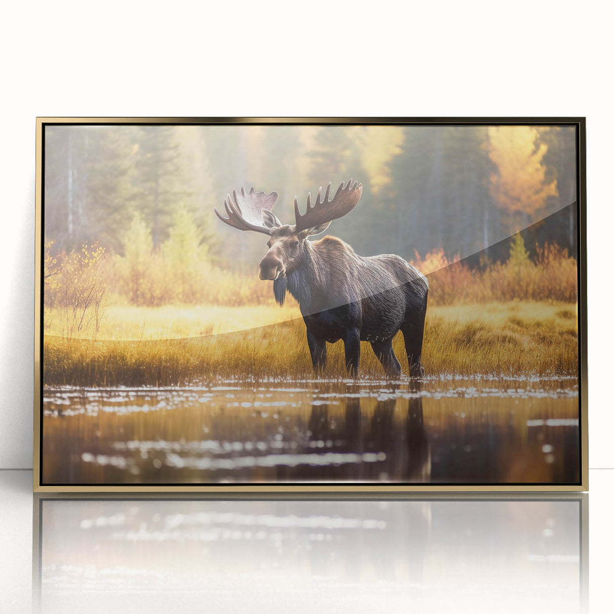 Framed wall art showcasing a moose and elk design, featuring intricate details and a gold-acrylic finish, perfect for wildlife enthusiasts and home decor.