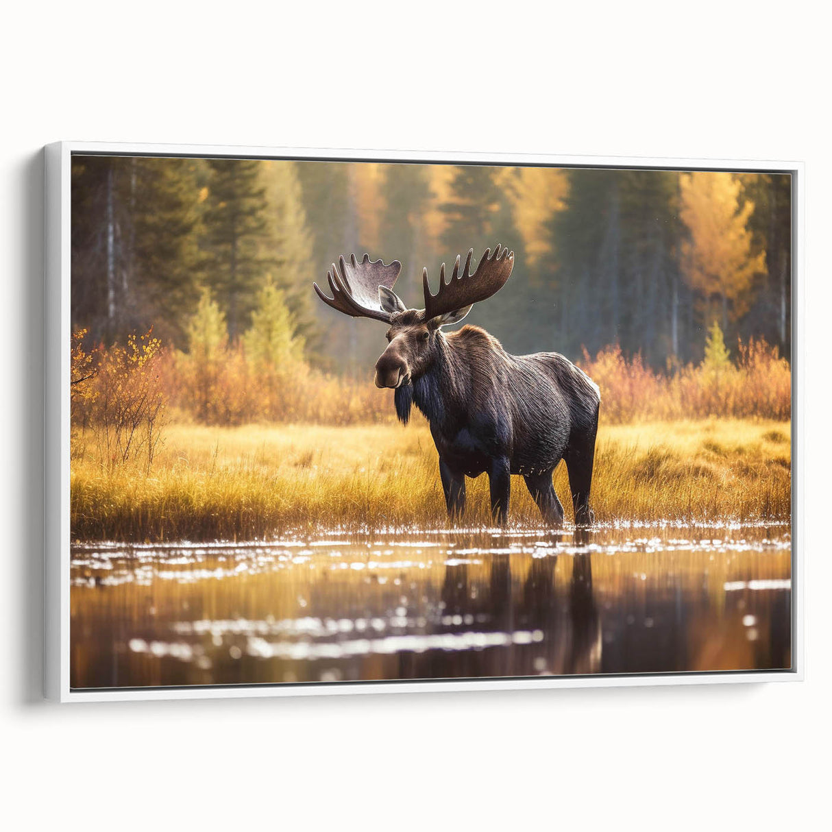 Framed canvas wall art showcasing a detailed moose and elk design, set against a white background; perfect for nature lovers and home decor enthusiasts.