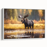 Framed canvas wall art showcasing a detailed moose and elk design, set against a white background; perfect for nature lovers and home decor enthusiasts.