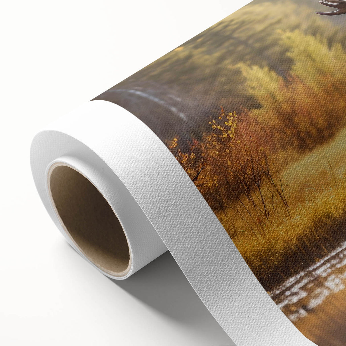 Rolled canvas depicting a vibrant wildlife scene with a moose and elk, showcasing intricate details and colors, perfect for nature-inspired home decor.