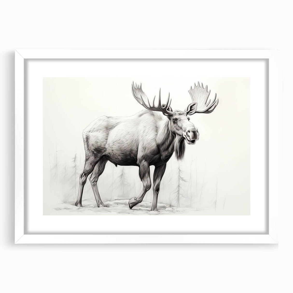 Framed wall art featuring a moose and elk design, showcased in a white mat and frame, perfect for wildlife enthusiasts and home decor. The artwork captures the essence of nature, ideal for enhancing living spaces.