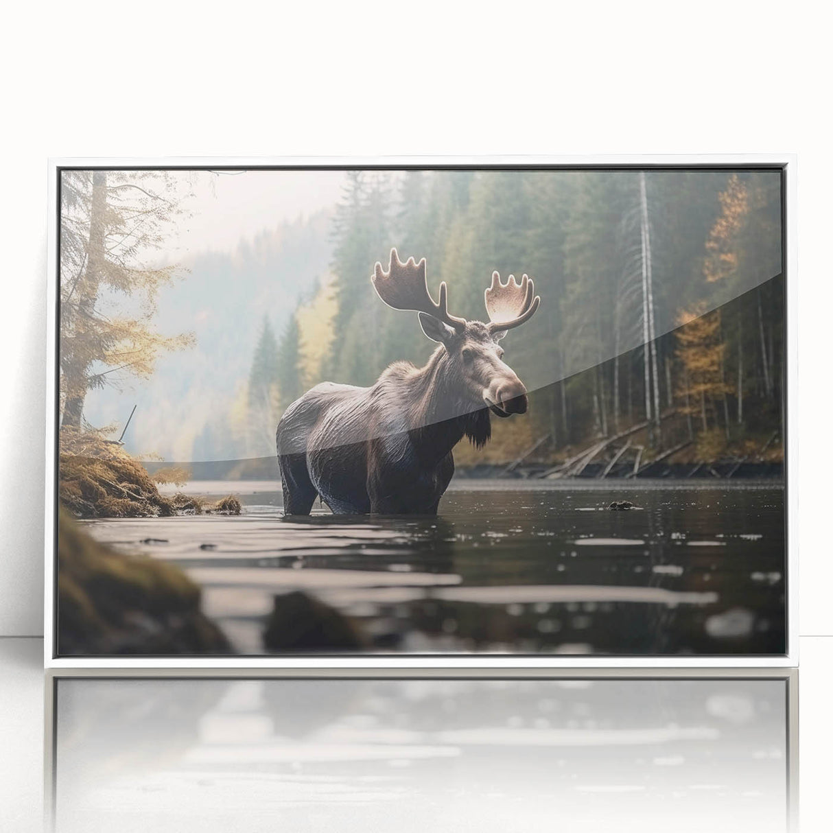 Framed wall art featuring a moose and elk design, showcasing intricate details and natural colors, ideal for wildlife enthusiasts' home decor.