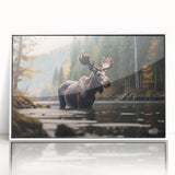 Framed wall art featuring a moose and elk design, showcasing intricate details and natural colors, ideal for wildlife enthusiasts' home decor.