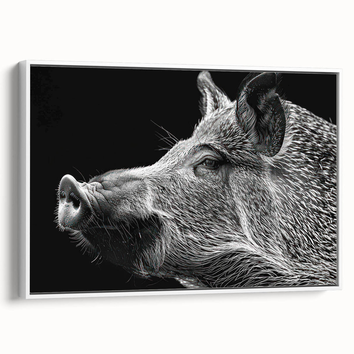 Framed canvas wall art showcasing a whimsical pig design in a white frame, ideal for animal lovers; perfect for home décor or children's room.