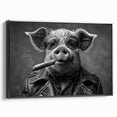 Framed wall art featuring a whimsical pig design in a vibrant color palette, showcased in a black frame with a side view that highlights its artistic details, ideal for animal lovers and home décor enthusiasts.