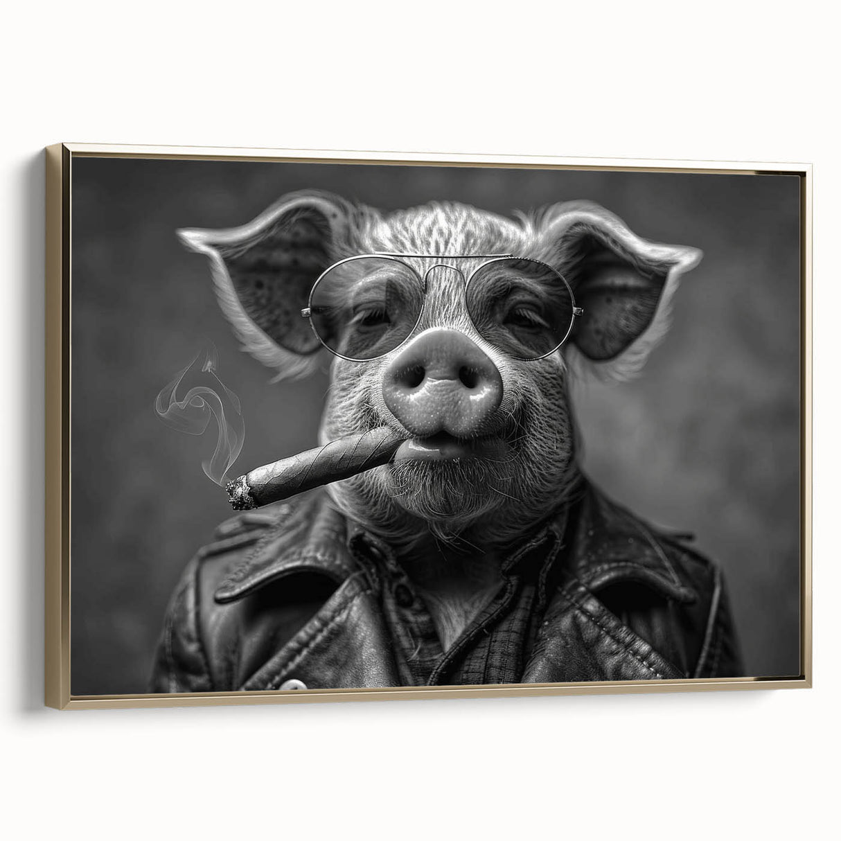 Framed canvas wall art featuring a whimsical pig design, accented with gold tones, showcasing a side view against a neutral background, perfect for animal-themed decor.